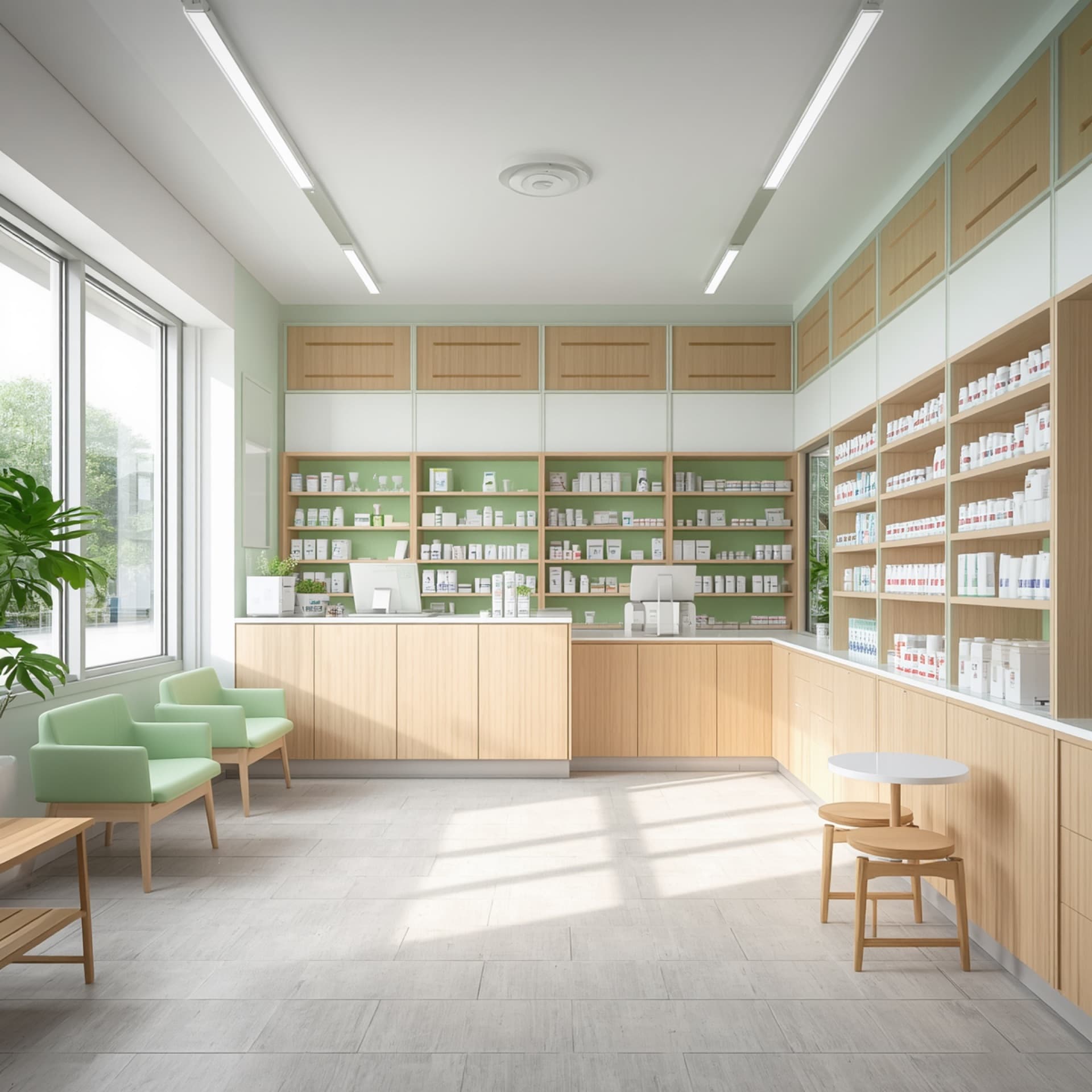 明るく清潔なつむぎ薬局の店内